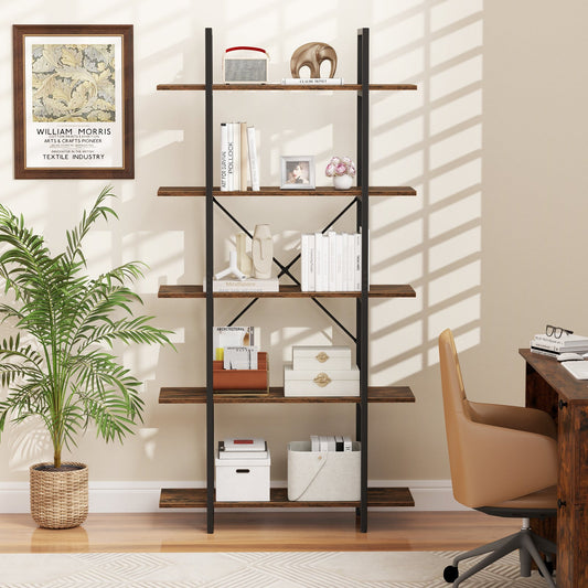 5-Tier 62 Inch Tall Vintage Industrial Bookcase with Open Storage Shelves-Rustic Brown - Tampa Home & Garden Store