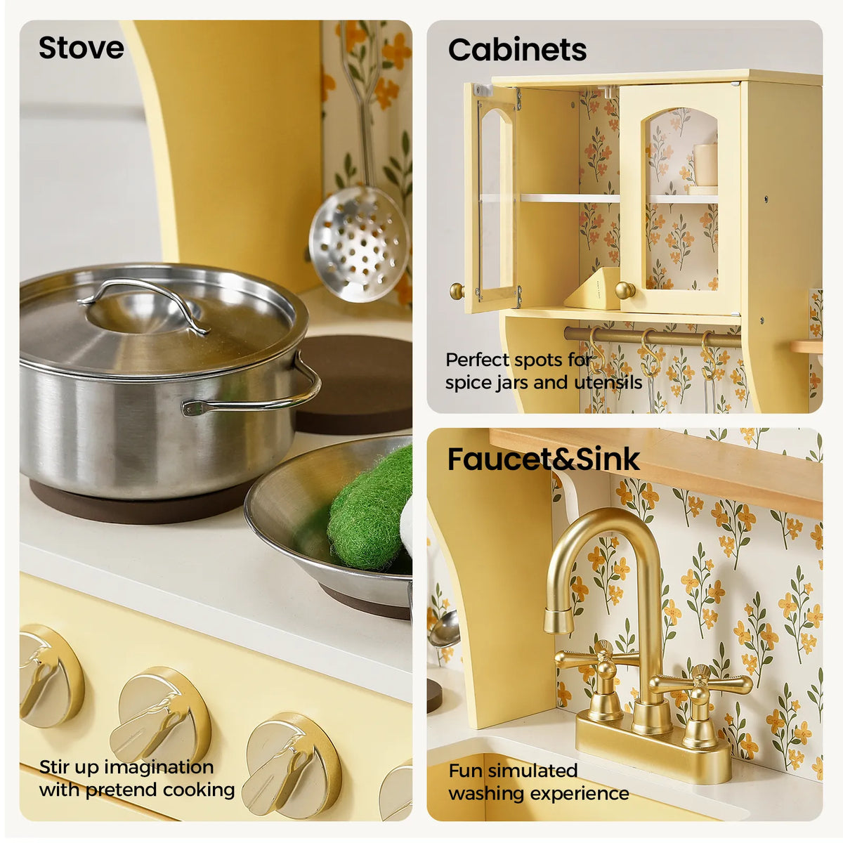 Tiny Land wooden play kitchen with storage, yellow finish and brass faucet on Tampa Home & Garden Store