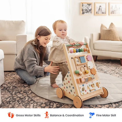 Tiny Land versatile natural wooden baby walker with bead maze and caregiver support on Tampa Home & Garden Store