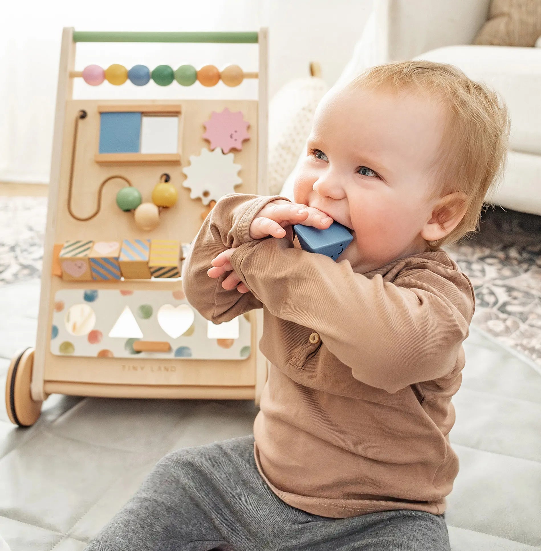 Tiny Land versatile natural wooden baby walker with colorful bead abacus panel on Tampa Home & Garden Store