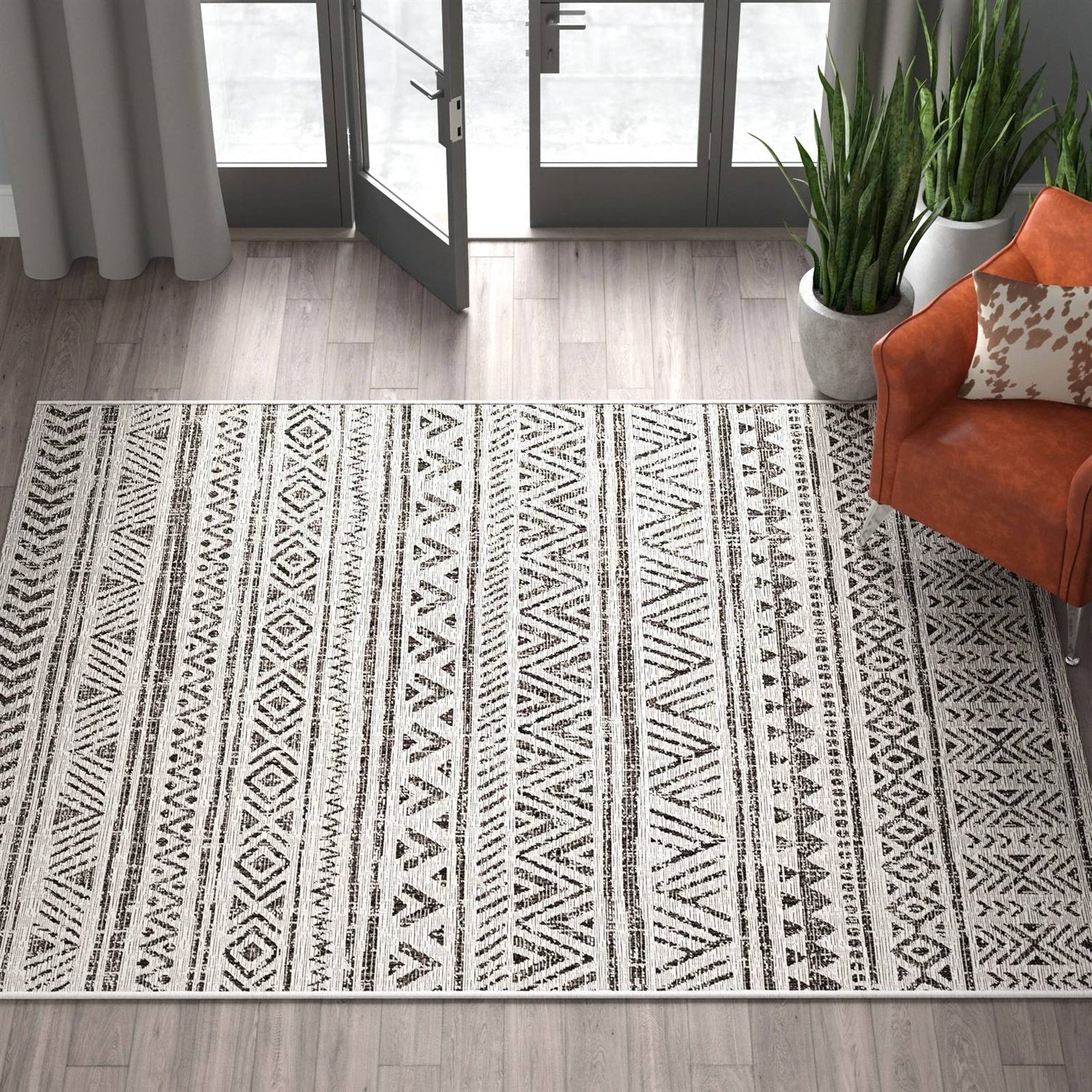 5 ft. x 8 ft. Black Off-White Chevron Coastal Boho Style Indoor Outdoor Area Rug - Tampa Home & Garden Store