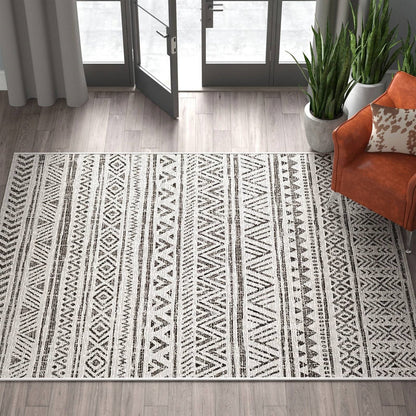 5 ft. x 8 ft. Black Off-White Chevron Coastal Boho Style Indoor Outdoor Area Rug - Tampa Home & Garden Store