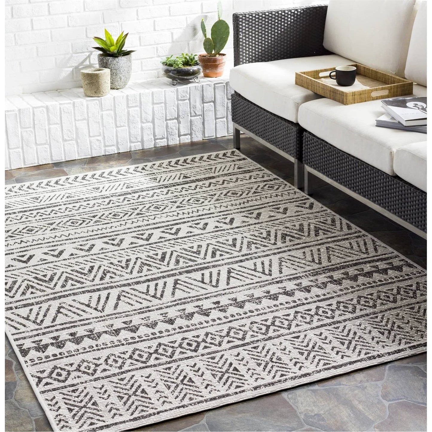5 ft. x 8 ft. Black Off-White Chevron Coastal Boho Style Indoor Outdoor Area Rug - Tampa Home & Garden Store
