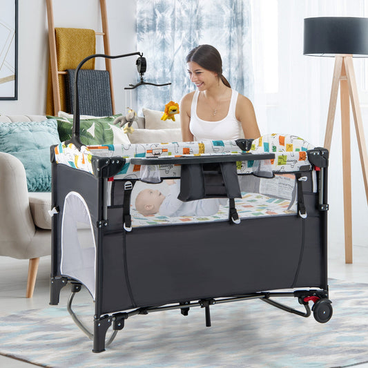 5-in-1 Baby Nursery Center Foldable Toddler Bedside Crib with Music Box - Tampa Home & Garden Store