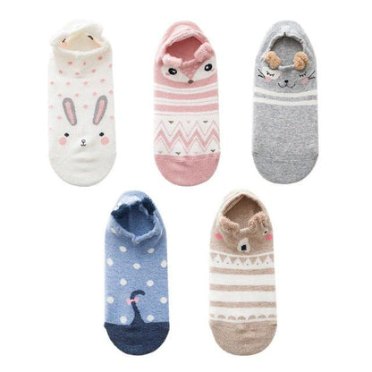 Stevvex 5-pair cotton ankle socks set with 3D cartoon animal designs in white, pink, grey, blue and beige on Tampa Home & Garden Store