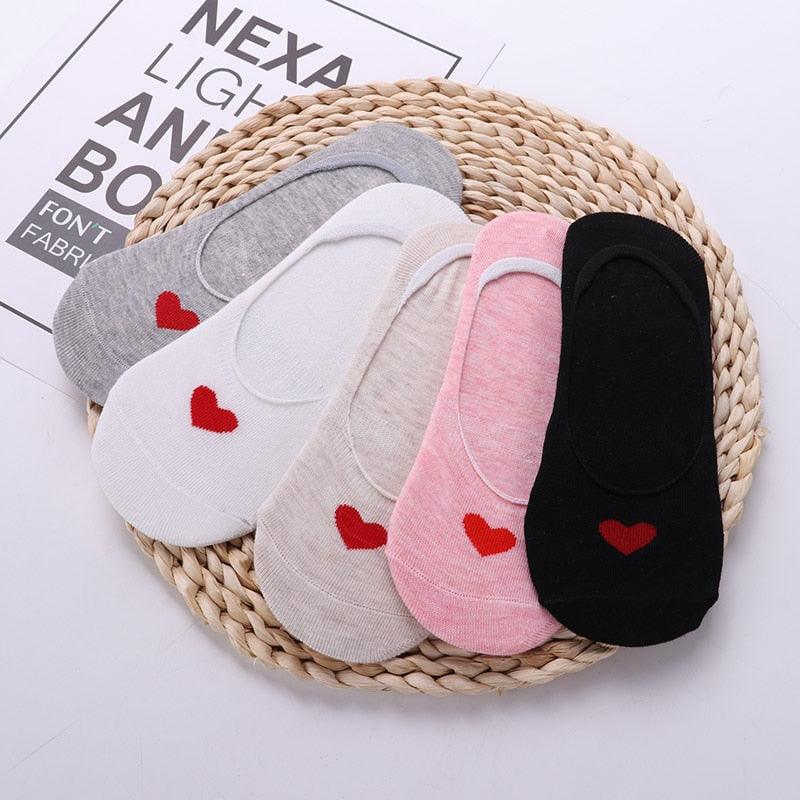 5-pair Stevvex cotton ankle socks set in grey white beige pink black with red heart motif on Tampa Home & Garden Store