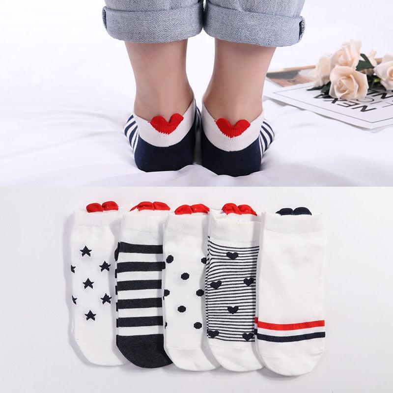 Stevvex ankle socks set 5 pairs cotton with stars, stripes, dots, hearts and red heart cuffs on Tampa Home & Garden Store