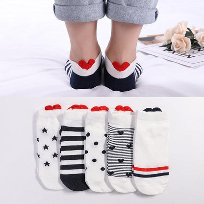 Stevvex ankle socks set 5 pairs cotton with stars, stripes, dots, hearts and red heart cuffs on Tampa Home & Garden Store