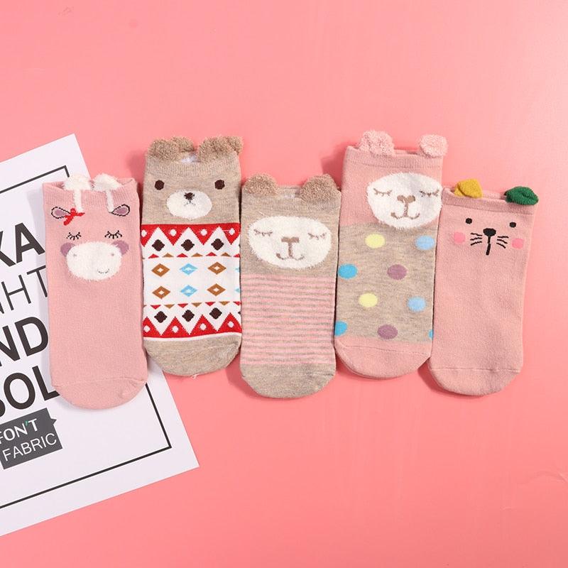 Stevvex cotton ankle socks set, 5-pair Harajuku cat designs in pink/beige with 3D ears on Tampa Home & Garden Store