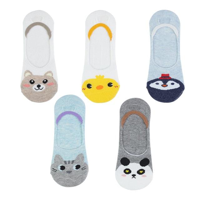 Stevvex 5pc invisible cotton ankle socks with 3D cartoon faces bear chick penguin cat panda on Tampa Home & Garden Store