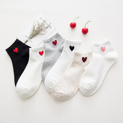 Stevvex 5-pair cotton ankle socks set with heart embroidery in black, white, gray, beige on Tampa Home & Garden Store