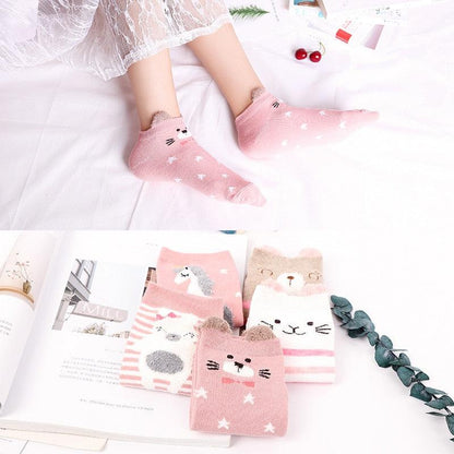 5-pair pink cat print cotton ankle socks set Stevvex women's 3D harajuku designs on Tampa Home & Garden Store