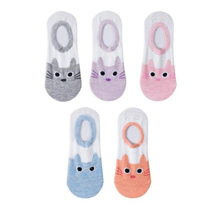 5-pair Stevvex ankle socks with Harajuku cat faces in gray, lavender, pink, blue and peach on Tampa Home & Garden Store