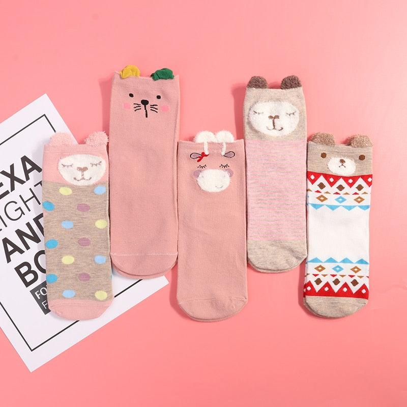 5-pair cotton ankle socks set with 3D Harajuku cat designs and heart accents in pink tones on Tampa Home & Garden Store