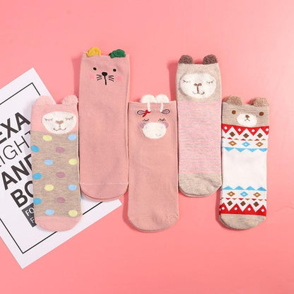5-pair cotton ankle socks set with 3D Harajuku cat designs and heart accents in pink tones on Tampa Home & Garden Store