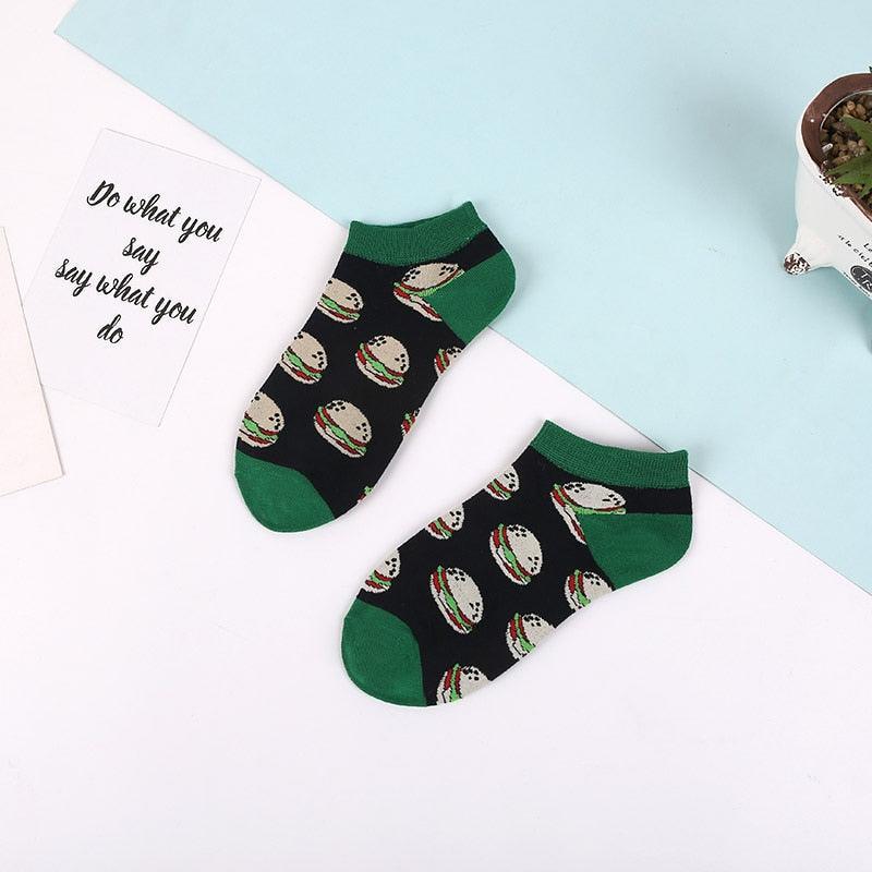 Stevvex ankle socks burger print, black body with green toes and cuffs, cotton casual pair on Tampa Home & Garden Store
