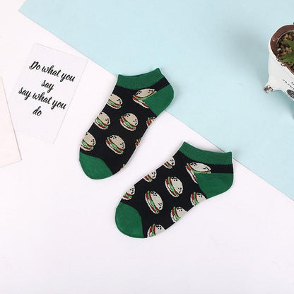 Stevvex ankle socks burger print, black body with green toes and cuffs, cotton casual pair on Tampa Home & Garden Store