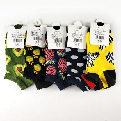 Ankle socks five-pack with avocado, pineapple, zebra prints and blue polka dot patterns on Tampa Home & Garden Store