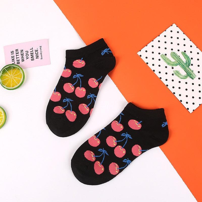 Stevvex black cotton ankle socks with pink cherry print and blue stems, two socks on Tampa Home & Garden Store
