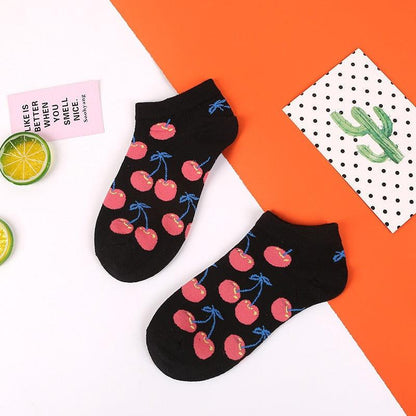 Stevvex black cotton ankle socks with pink cherry print and blue stems, two socks on Tampa Home & Garden Store
