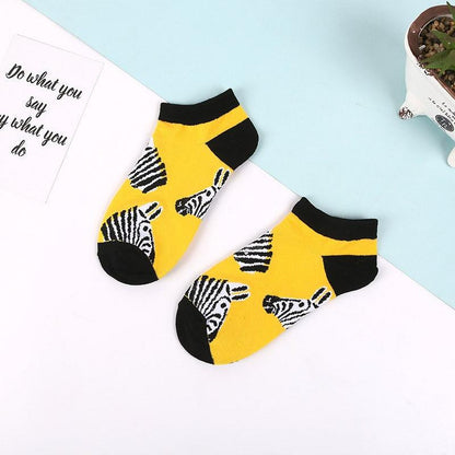 Stevvex zebra print ankle socks yellow with black toe and cuff, cotton blend, unisex on Tampa Home & Garden Store