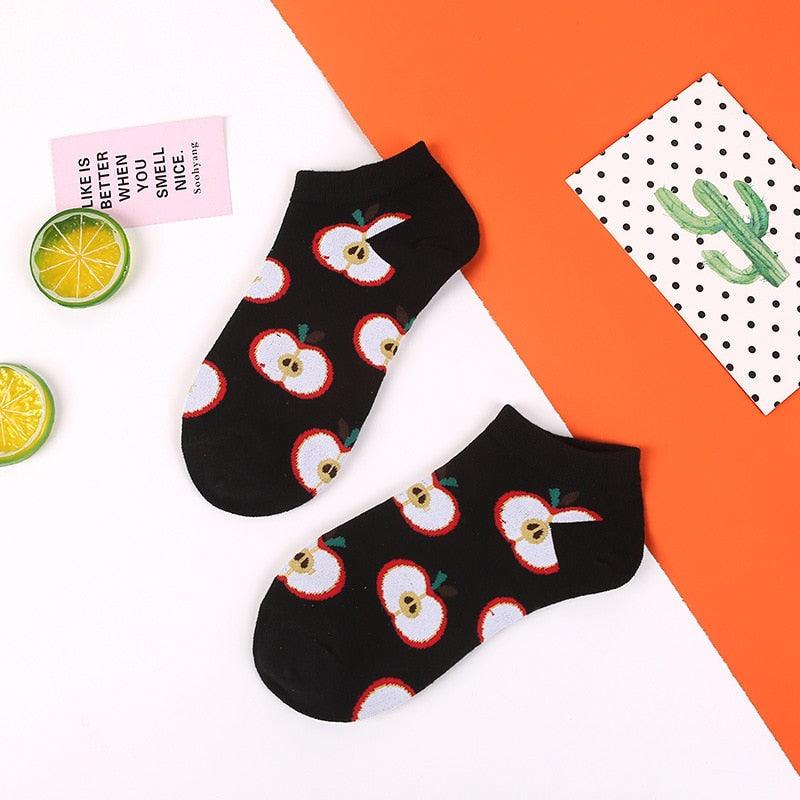 Two black ankle socks with red apple pattern, cotton knit, casual summer style on Tampa Home & Garden Store