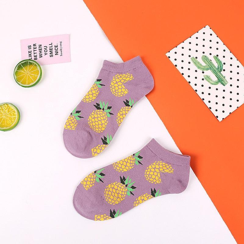 Stevvex pineapple pattern ankle socks lavender with yellow pineapples, 2 pairs on Tampa Home & Garden Store