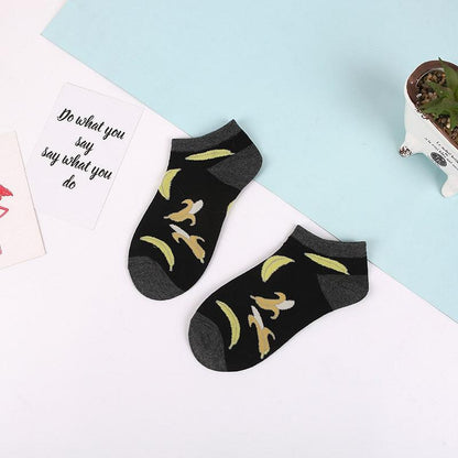 Stevvex ankle socks black with flamingo and banana prints pure cotton 1 pair on Tampa Home & Garden Store