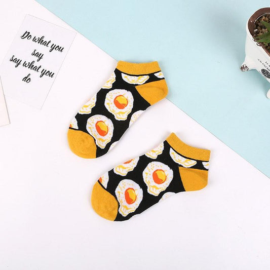 Fried egg print ankle socks, Stevvex brand, black with yellow toes and cuffs, cotton on Tampa Home & Garden Store