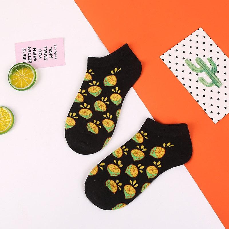 Stevvex two black ankle socks with bright pineapple pattern, cotton casual wear on Tampa Home & Garden Store