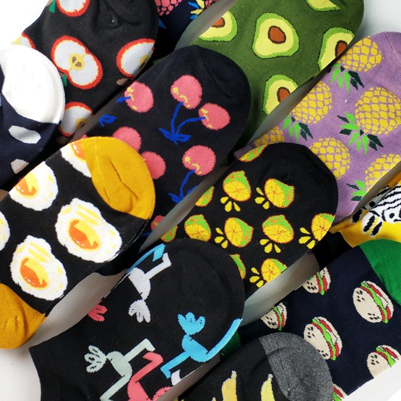 Ankle socks 5-pair set with animal, fruit and food prints in bright colors cotton blend casual on Tampa Home & Garden Store