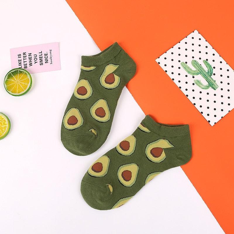 Stevvex avocado print ankle socks, green cotton, 2 pairs shown on colorful backdrop on Tampa Home & Garden Store