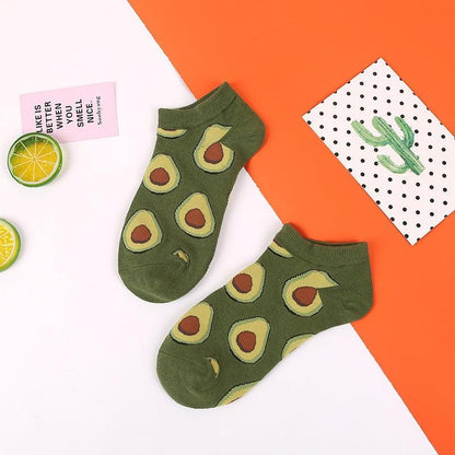 Stevvex avocado print ankle socks, green cotton, 2 pairs shown on colorful backdrop on Tampa Home & Garden Store