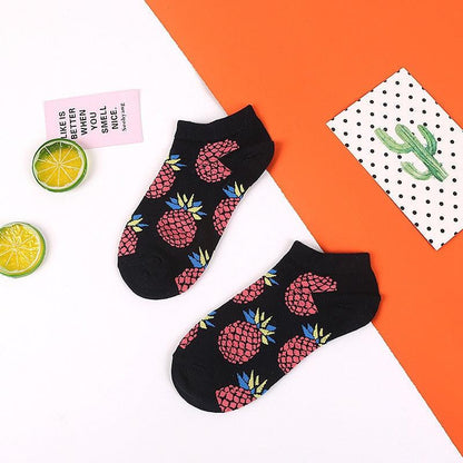 Stevvex black ankle socks with pink pineapple print, cotton blend, casual summer wear on Tampa Home & Garden Store