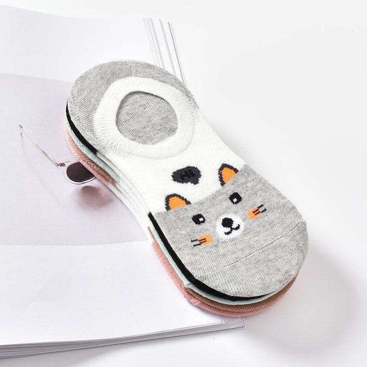 Stevvex 5-pair cotton ankle socks set with cute animal faces cat dog panda in white/gray on Tampa Home & Garden Store