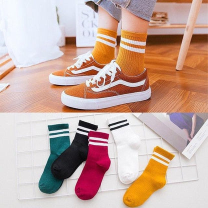5-pair crew socks in green, black, magenta, white & mustard with striped cuffs on Tampa Home & Garden Store