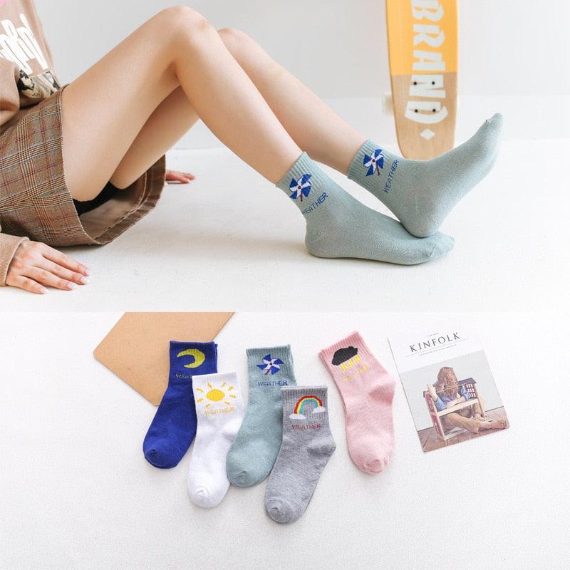 Stevvex 5-pair unisex cartoon face crew socks, soft breathable cotton, colorful designs on Tampa Home & Garden Store