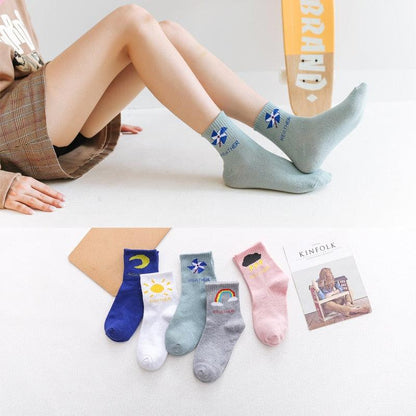 Stevvex 5-pair unisex cartoon face crew socks, soft breathable cotton, colorful designs on Tampa Home & Garden Store
