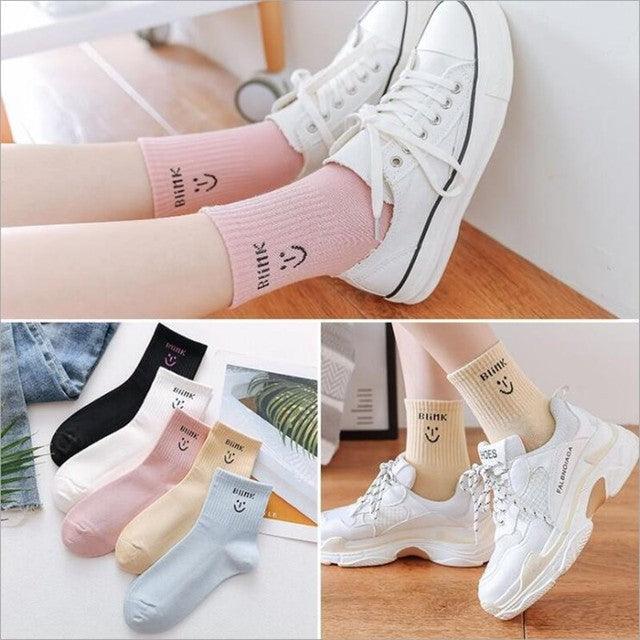Crew socks, Stevvex, 5-pair set with cute cartoon faces, cotton material, pastel colors on Tampa Home & Garden Store