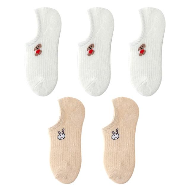 Stevvex 5-pair ankle socks set with white bear-embroidered socks and beige bunny socks on Tampa Home & Garden Store