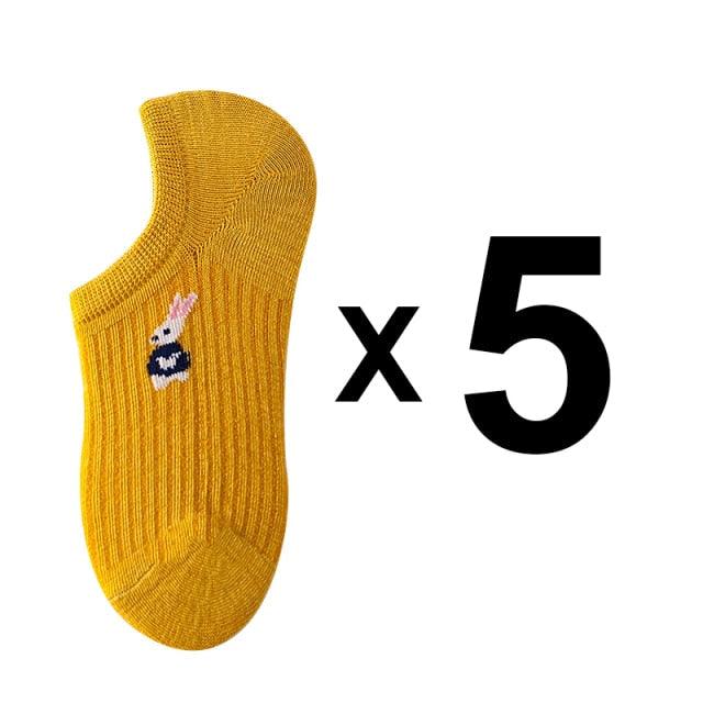 Stevvex 5-pair kawaii animal print ankle socks set yellow bunny on Tampa Home & Garden Store