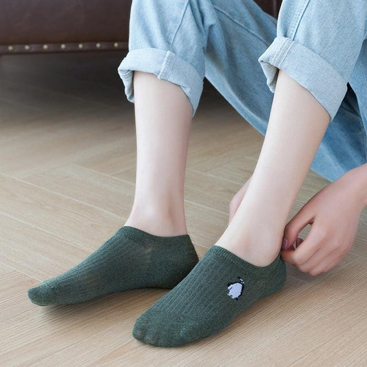 Stevvex dark green ankle socks with small animal embroidery, cotton knit comfort for summer on Tampa Home & Garden Store