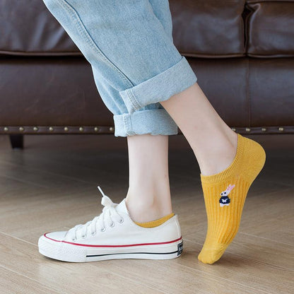 Stevvex yellow bunny-embroidered ankle sock, cotton summer, silicone non-slip on Tampa Home & Garden Store