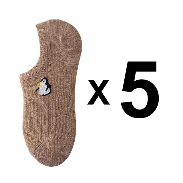 Stevvex ankle socks set 5 pairs tan knit with penguin embroidery on Tampa Home & Garden Store