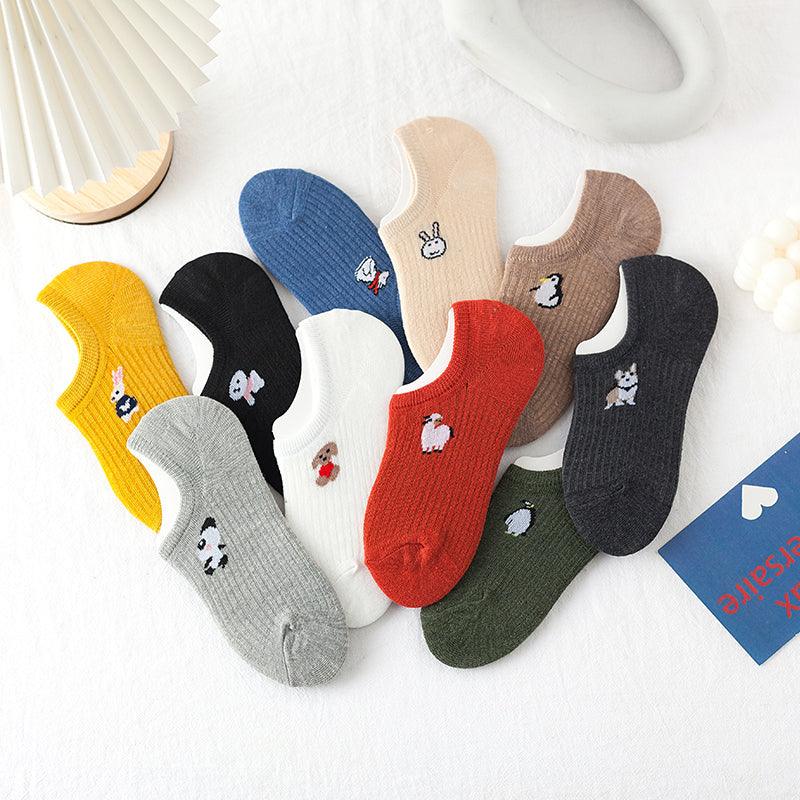 Stevvex 5-pair cotton kawaii animal print ankle socks set in assorted colors non-slip on Tampa Home & Garden Store