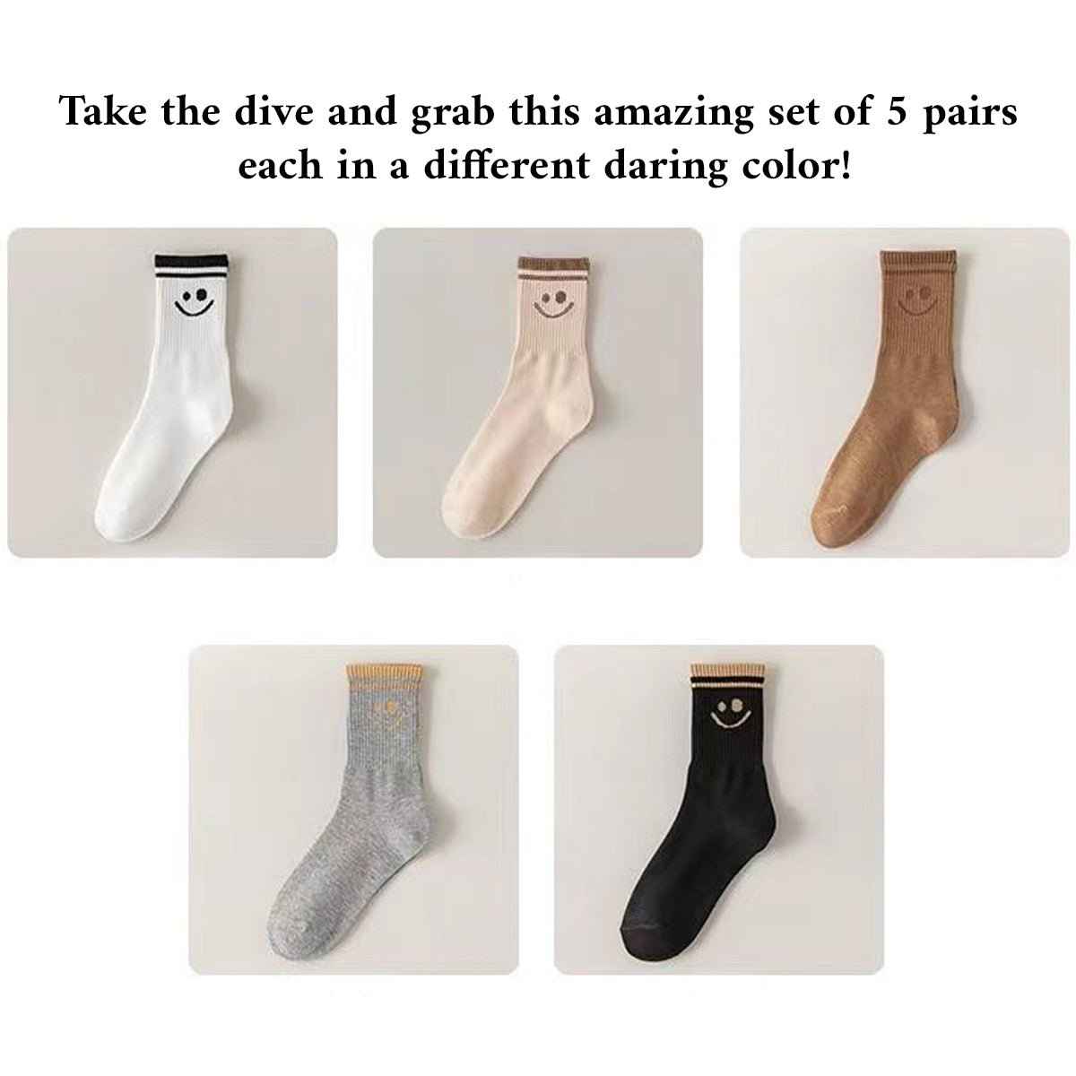 Shaketea smiley face socks, 5-pair cotton crew socks in white beige tan grey black on Tampa Home & Garden Store