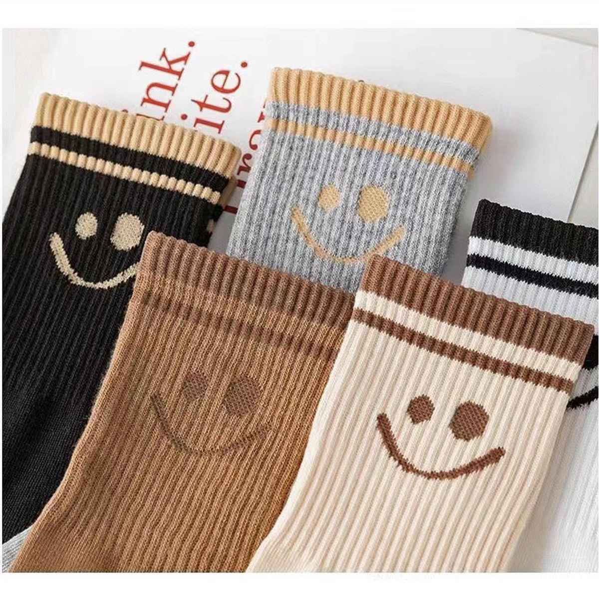 5 pairs Shaketea Smiley Face Crew Socks in assorted colors with ribbed cotton for women on Tampa Home & Garden Store