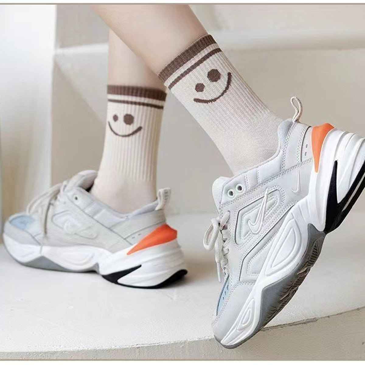 Smiley Face Crew Socks by Shaketea, cotton socks with smileys, worn with white sneakers on Tampa Home & Garden Store