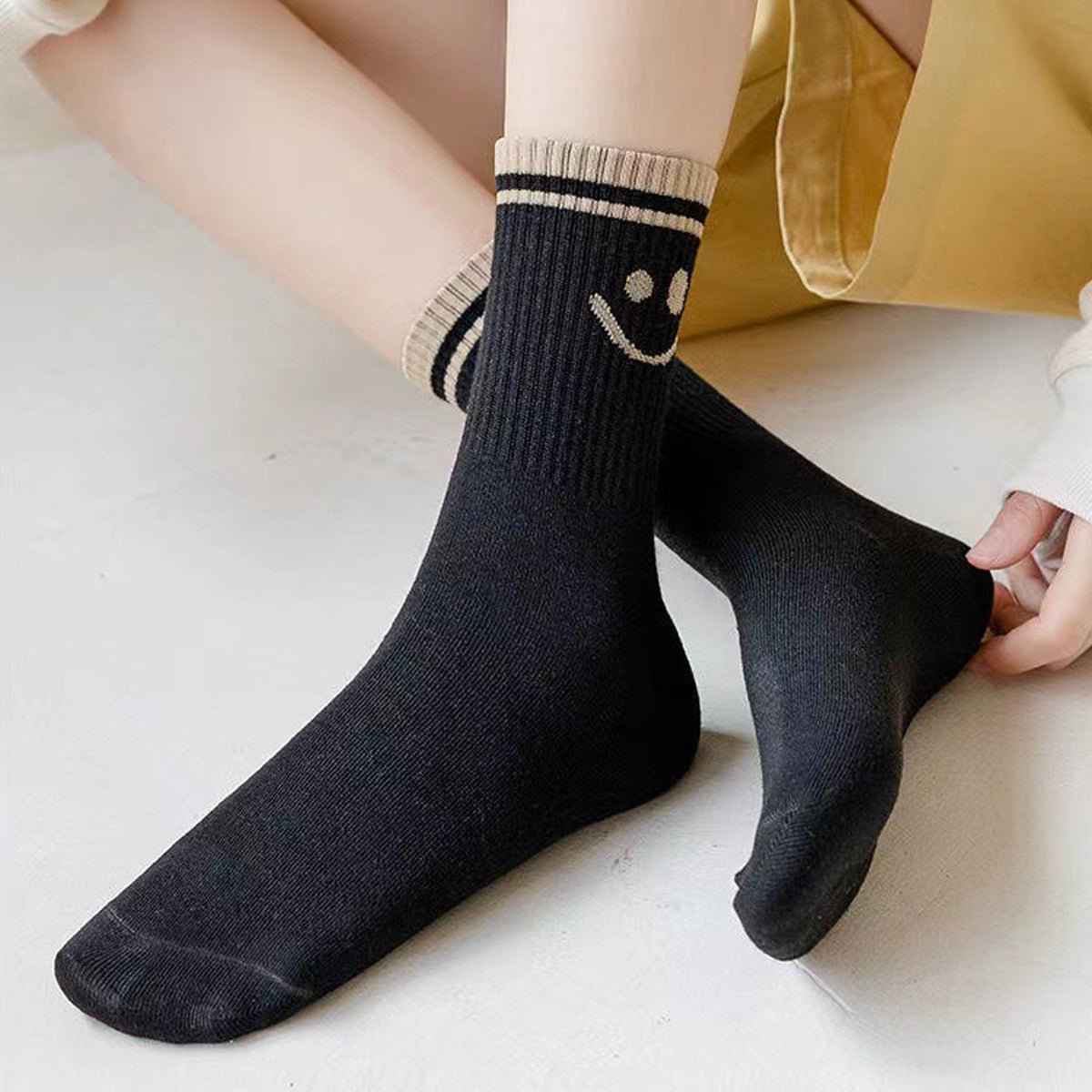 Smiley Face Crew Socks for Women, black cotton crew socks with ribbed cuff and smiley motif on Tampa Home & Garden Store