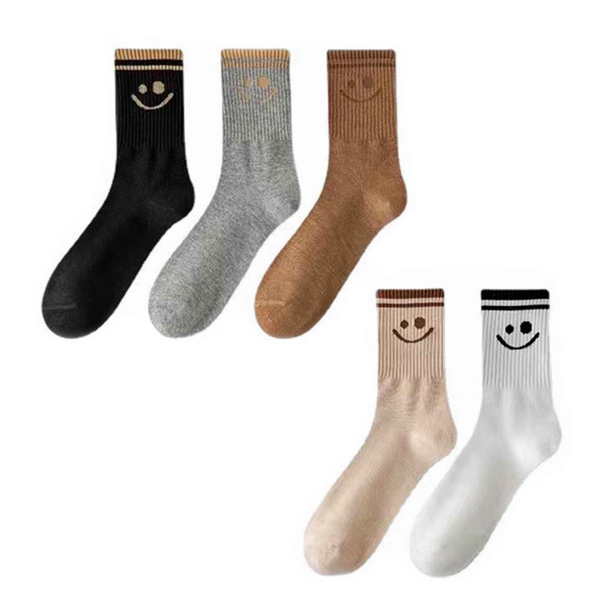 5 pairs Smiley Face Crew Socks by Shaketea in black, gray, brown, beige and white, cotton on Tampa Home & Garden Store